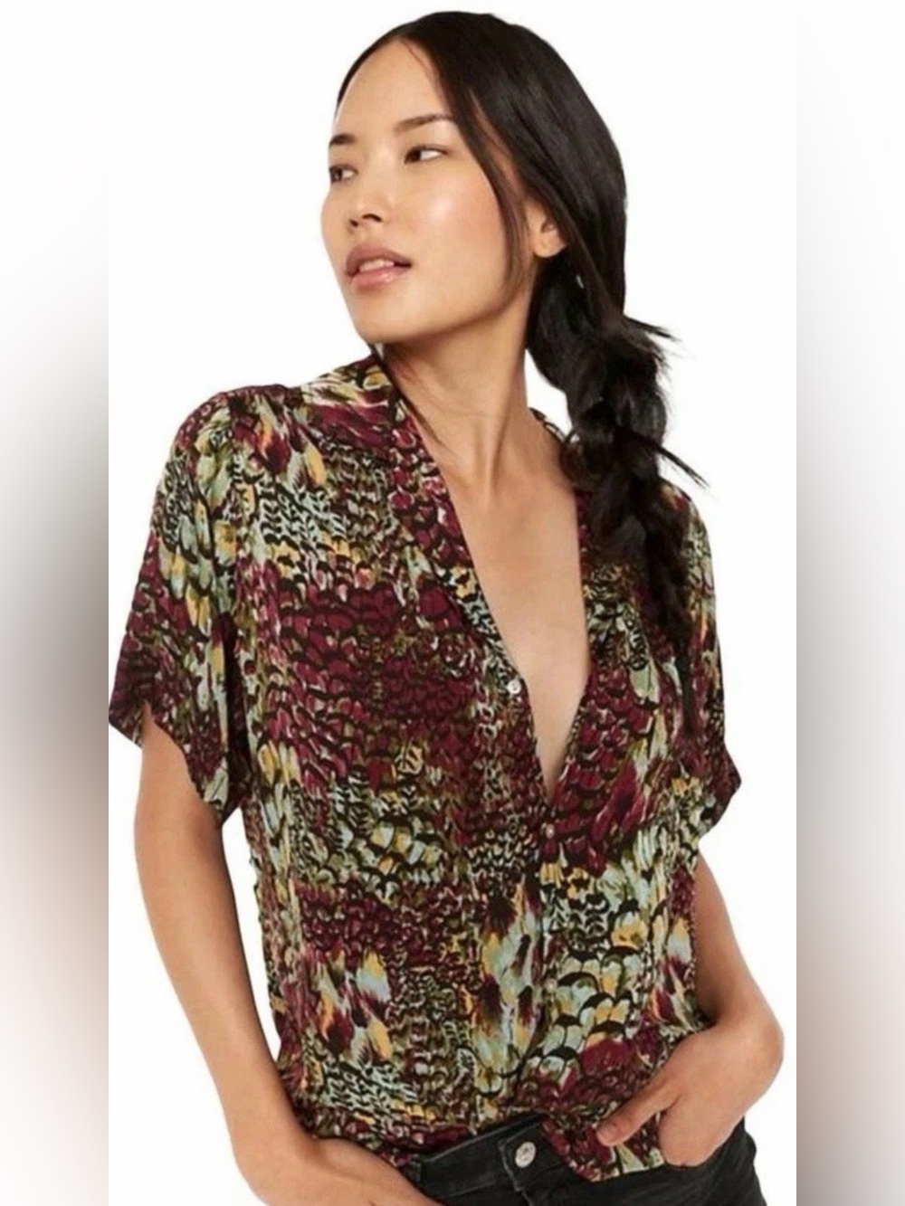 Anthropologie x Tiny Green Violet Bordo Postcard Button-Up Top | Size Small